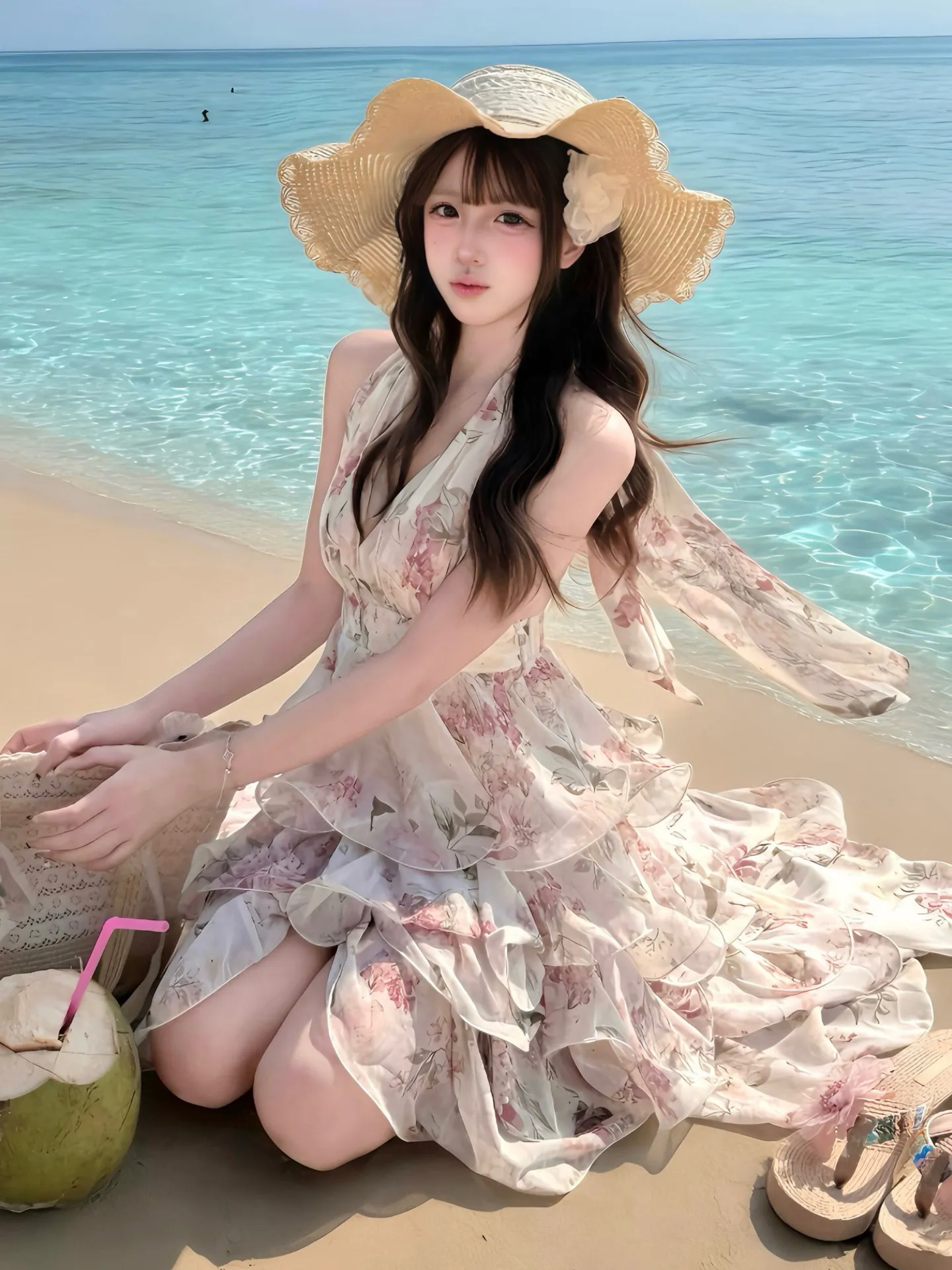 

Unique Beautiful Floral Print Chiffon Halter Neck Summer Dress Women's Beach Vacation Skirt Style Cake Long Dress V Neck No S...