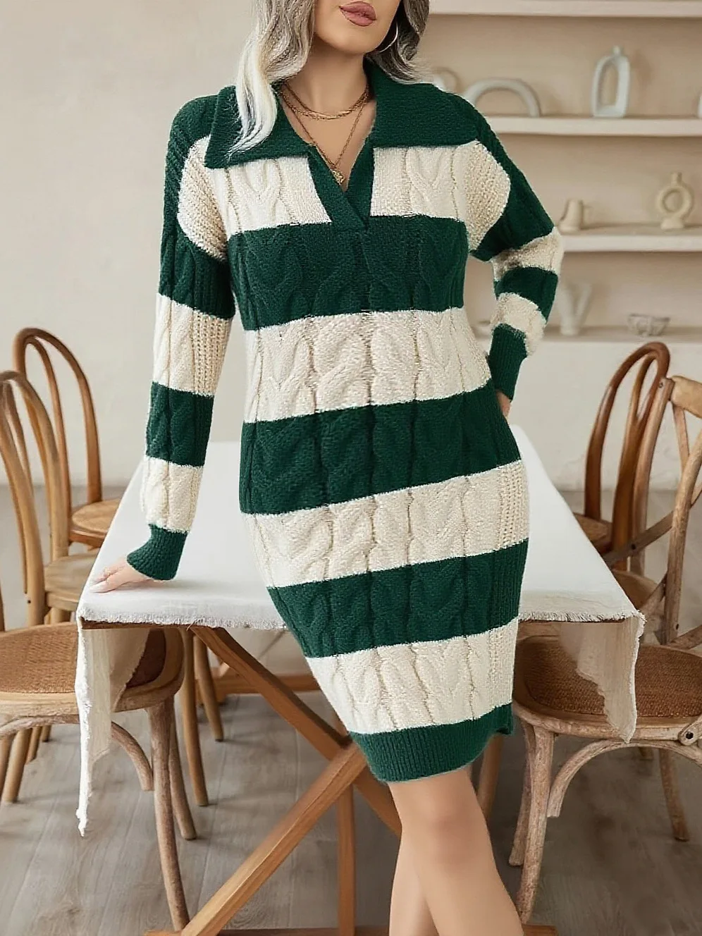 

Women's Fashionable Sweater Oversize Winter Striped Knitted Green Sweater Christmas Soft Warm Sweater for Women Maternity Clothe