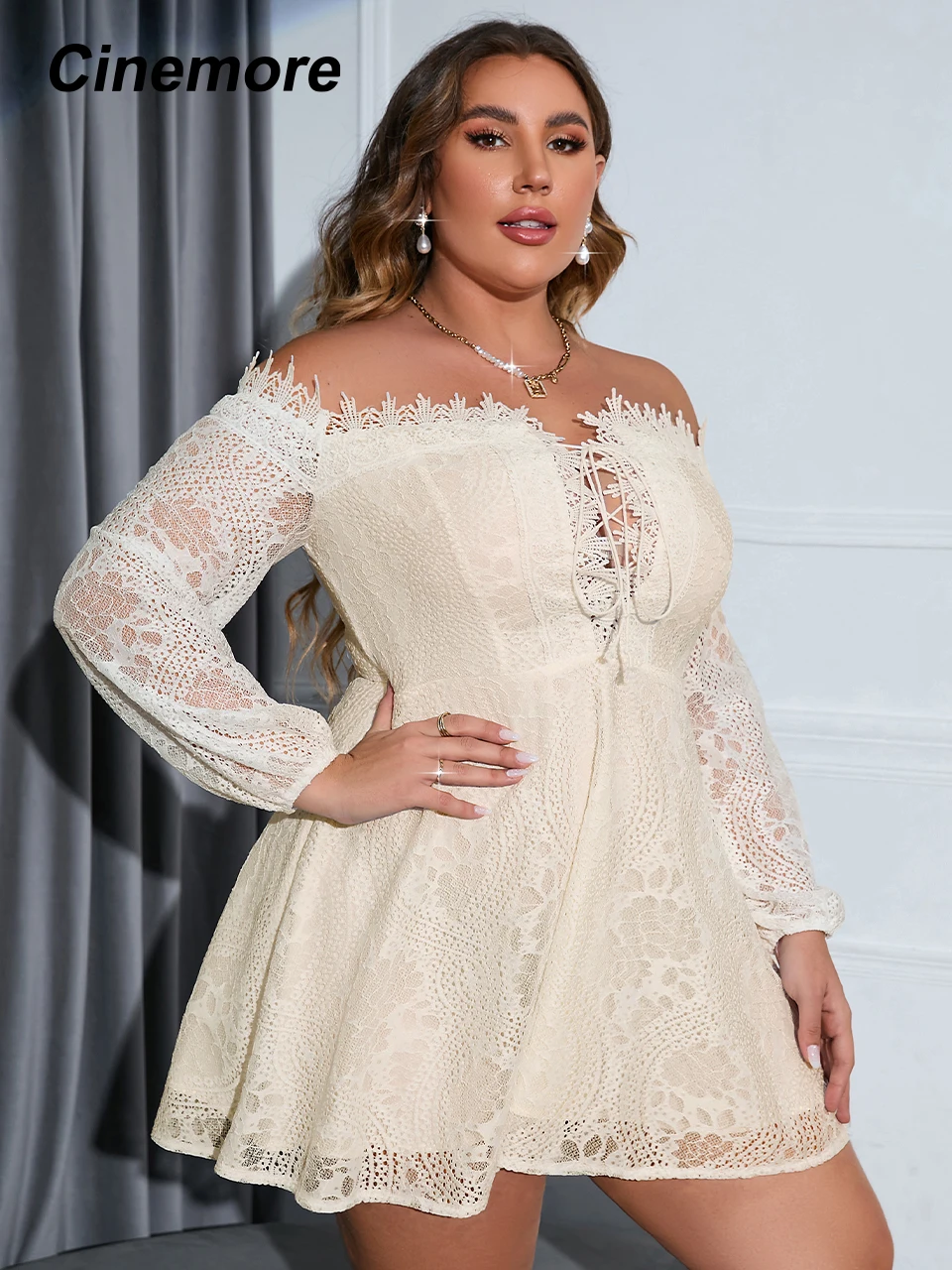 Cinemore dresses for women Plus size Off Shoulder Lace Up Front Guipure Lace Panel Lace Dress chic elegant woman dress MC1102