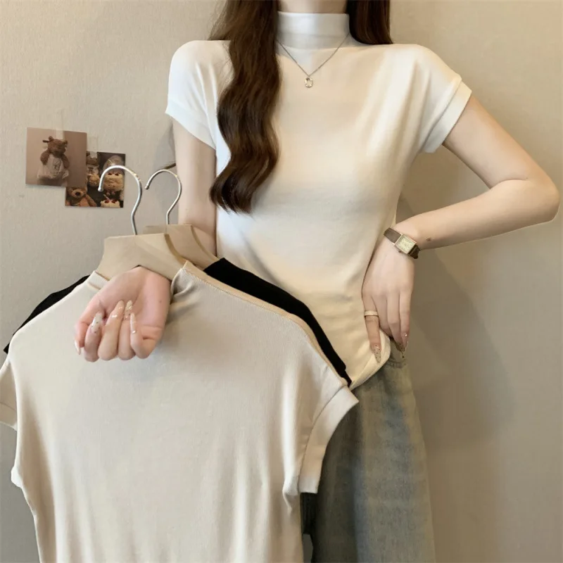 

2025Summer New Half Turtleneck Color Cotton Short SleeveTWomen's-shirt Design Slim-Fitting Simple Top