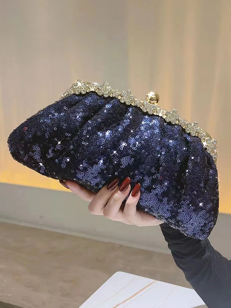 Sequins Ruched Evening Bag Glitter Rhinestone Decor Clutch Purse Women's Chain Handbags For Wedding Banquet Party