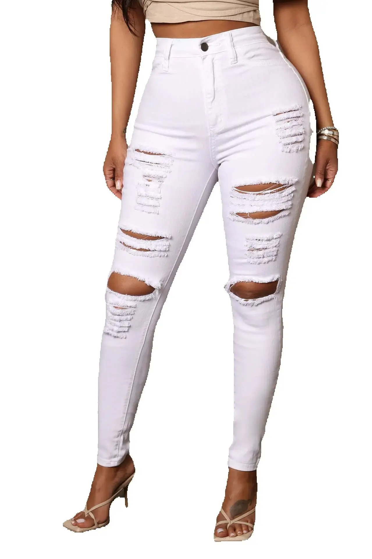 

2025 New Black and White Ripped Jeans For Women Fashion Skinny Stretch Denim Pencil Pants Street Casual Trousers XS-XL
