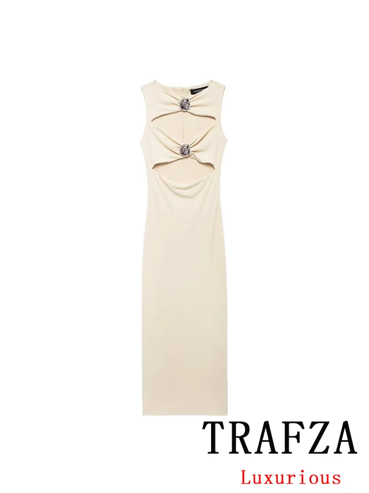 TRAFZA Vintage Sexy Chic Solid Women Dress V-Neck Sleeveless Appliques Straight Long Dress Fashion 2024 Autumn Front Hole Dress