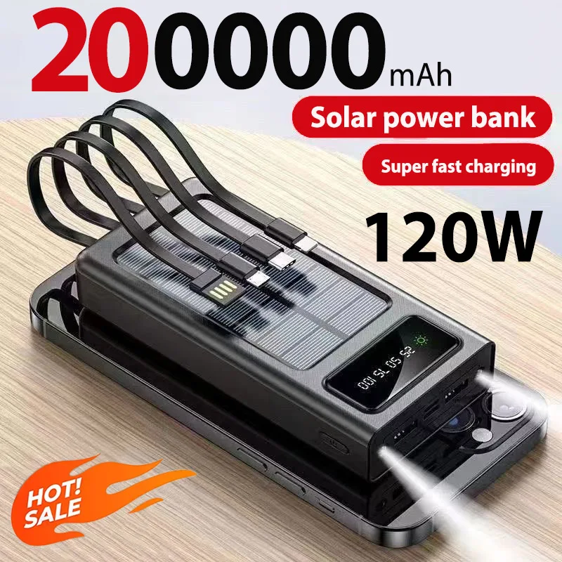 

Solar Power Bank 200000mAh Large Capacity Super Fast Charging Digital Display 4 Cables External Battery For Xiaomi Huawei iphone