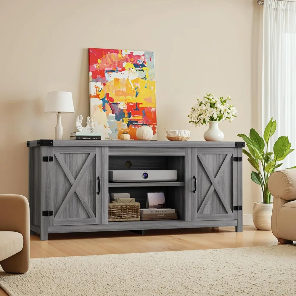 

Modern Farmhouse TV Stand with Two Barn Doors and Storage Cabinets for up to 65+ Inch,Entertainment Center Console