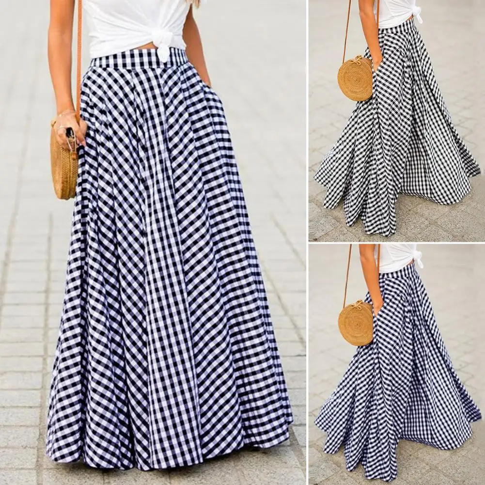 

Vintage Bohemian Women High Waist Summer Long Skirt Plaid Pockets Casual A-Line Maxi Skirts Elegant Beach Skirt Women Long Skirt
