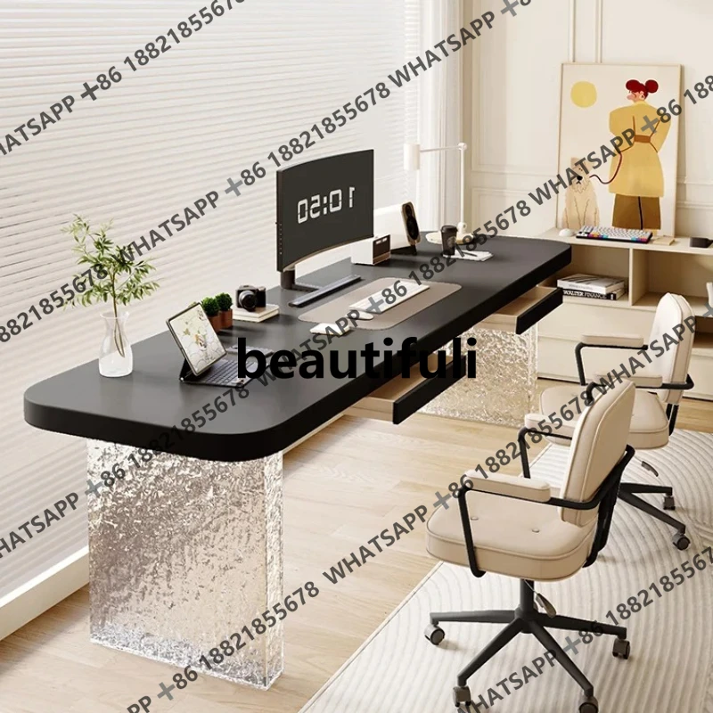 

Doppia scrivania in acrilico, tavolo lungo con vernice in legno massello con motivo a pietra, tavolo da studio bianco in stile