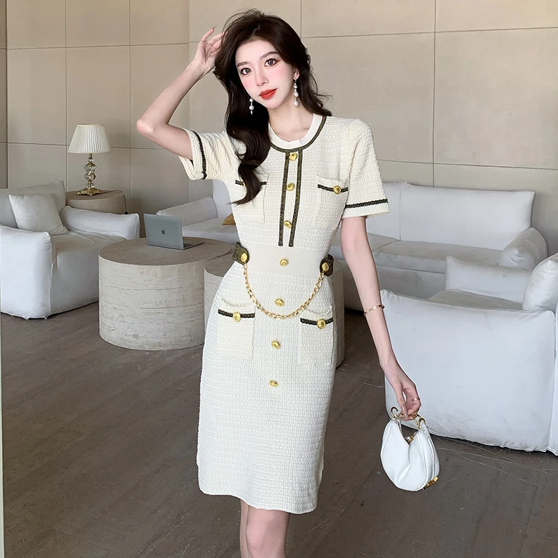 

Summer Chain Sexy Mini Knitted Dress Women Striped Bodycon Short Sleeve Ladies A-line Dresses Elegant Button Fashion Vestidos