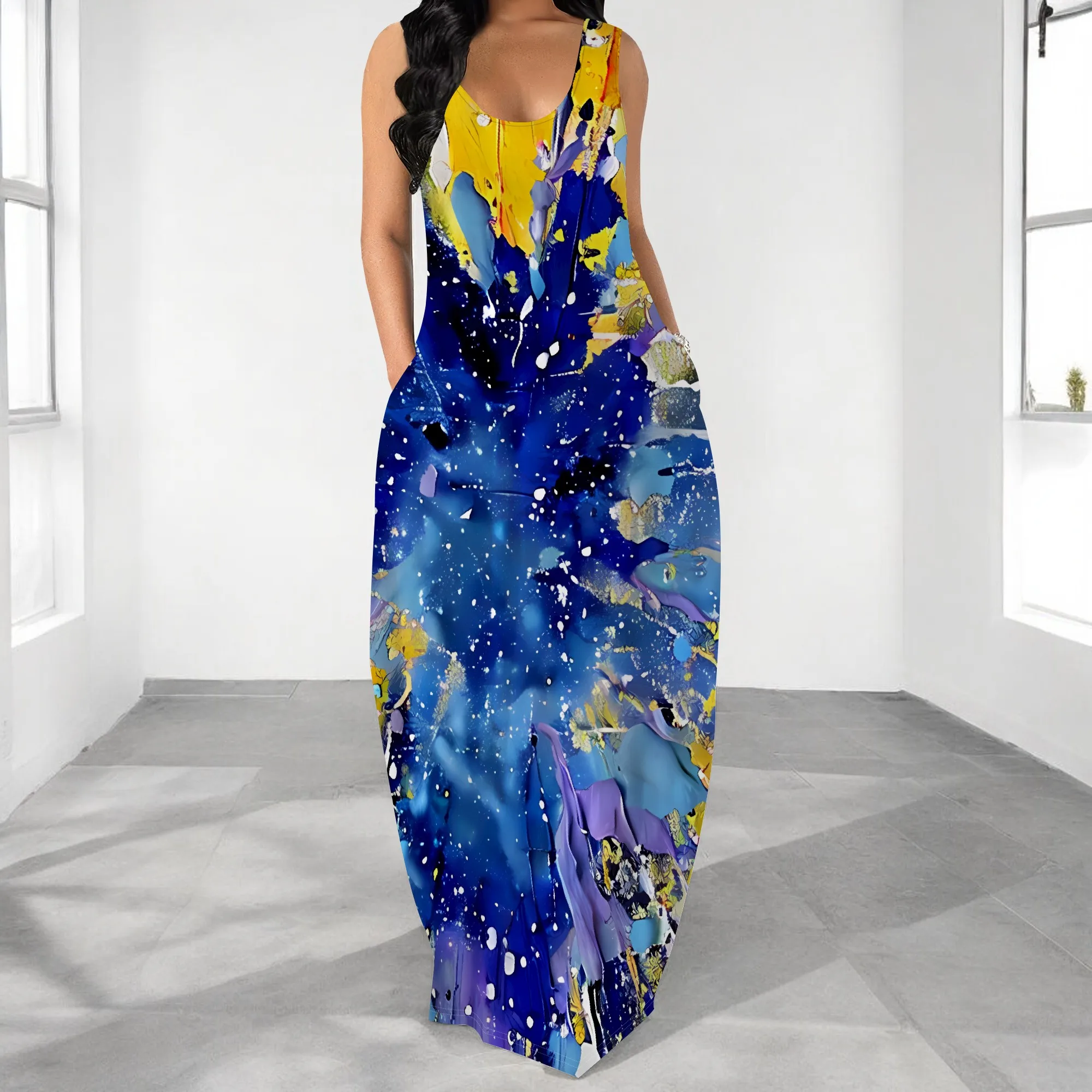

Nupusa Abstract Paint Print Dress for Women Standard Size Summer Casual Sleeveless Maxi Dress with Pockets