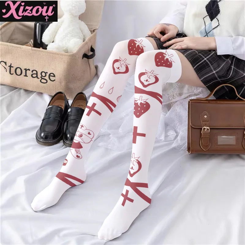 Japanese Yabi y2k printed stockings thin women's spring autumn Lolita cute sweet anime kneee-length white velvet socks female