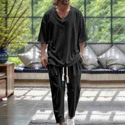 Spring Casual Pure Color Men Outfit Summer Short-sleeved V Neck T Shirt & Drawstring Pants Man Suits Fashion Sport Two Piece Set