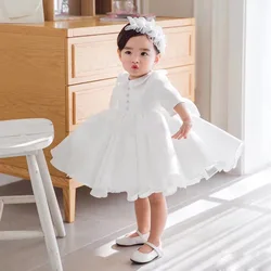 Gorgeous Pink White New Spring Summer Autumn Long Sleeve Peter Pan Collar 1 to 7 Year Birthday Party Baby Girls Princess Dress