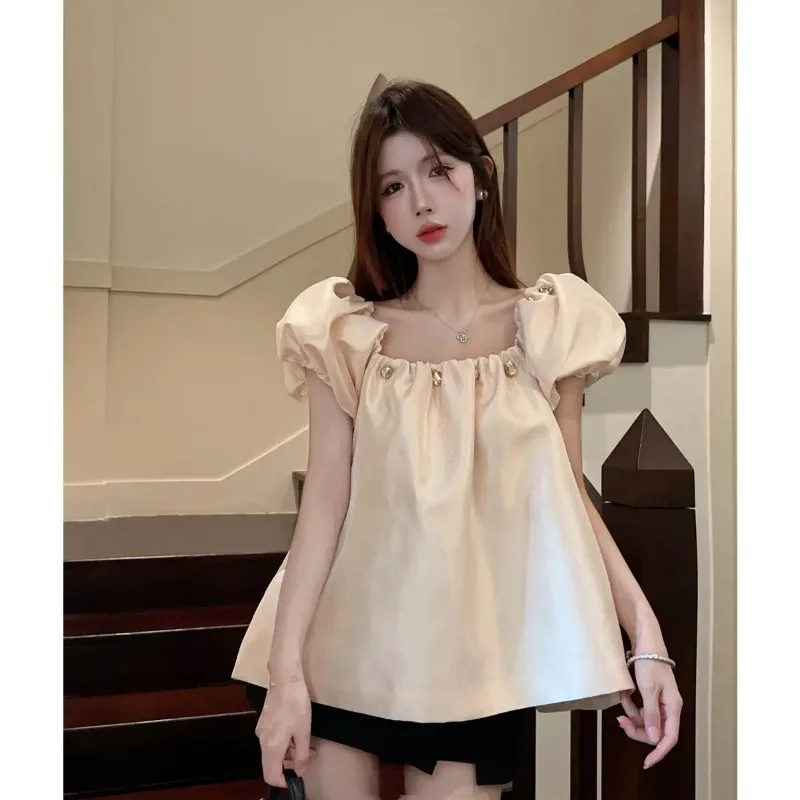 

Летние новые модные стильные французские цельные топы с воротником, женские повседневные рубашки Pure Design Sense Pure Desire с рукавами-пузырьками