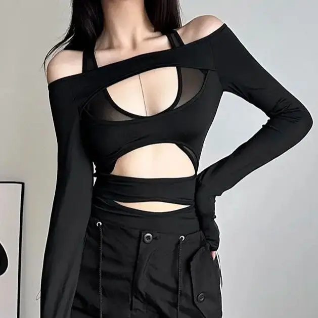 Long Sleeve Patchwork Bodysuit Hollow Out Goth Dark Cyber Y2k Punk Sexy Bodysuits Mall Gothic Bodycon T-Shirts Women