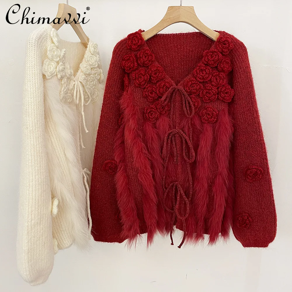 

2025 Autumn Korean Fashion Casual 3D Flower Sweater Jackets V-Neck Long Sleeve Loose Lace-Up Fur Spliced Knitted Cardigan Women