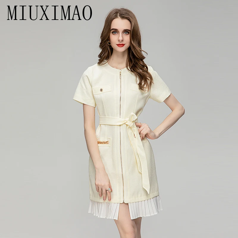 MIUXIMAO 2023 Fall Dress  Fashion Slim Short Sleeve Jacquard O-neck  Ruched Tank Dress Women Vestidos Mini Dress Belt