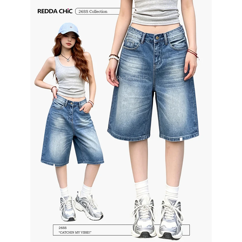 

ReddaChic Women Baggy Jean Shorts Versatile Low Waist Clean Fit Loose Whiskers Solid Denim Bermuda Pants Korea Everyday Wear
