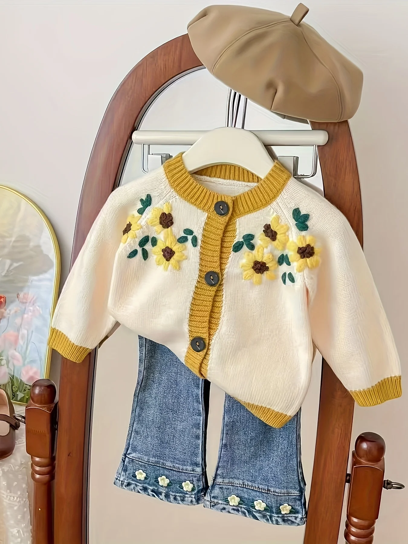 

Children's Floral Cardigan Korean Style Girls' Spring and Autumn Sunflower Knit Jacket Trendy Baby Clothing