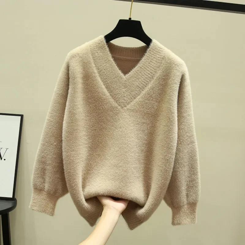 

Womens Sweaters Spring Autumn V-neck Knitted Pullovers Loose Bottoming Shirt Cashmere Fashion Jumper Solid Pink Sweater