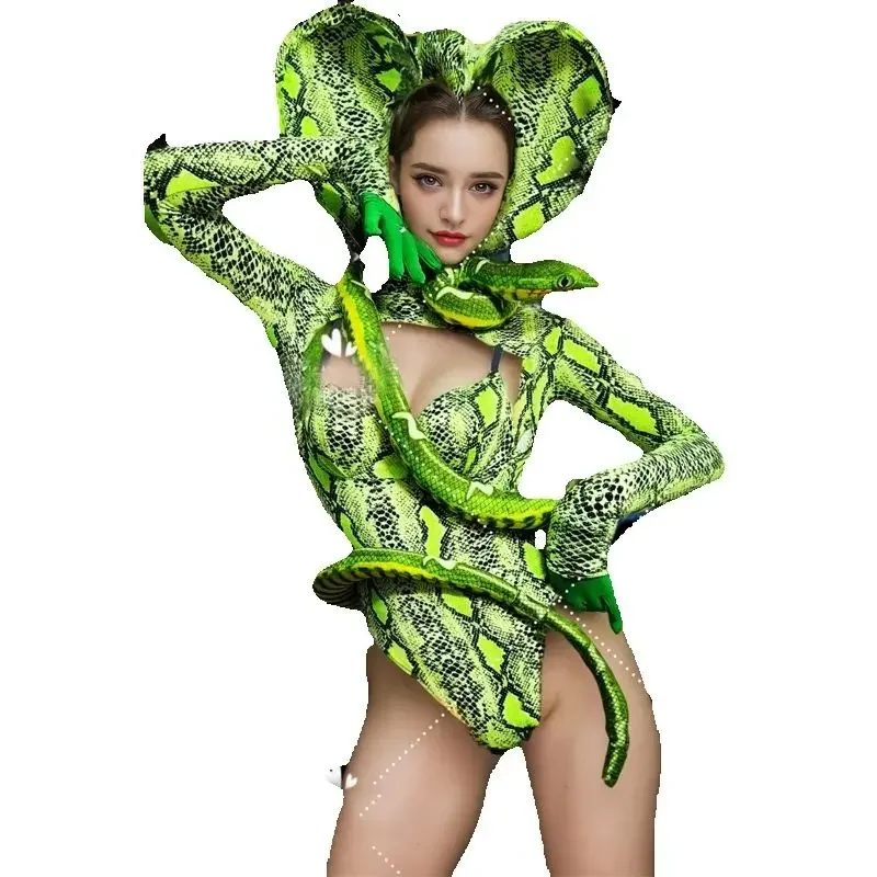 바 나이트 클럽 Dj Ds Gogo 댄서 의상 여성 섹시 폴 댄스 복장 뱀 프린트 바디 슈트 모자를 쓰고 있죠 무대 레이브 착용