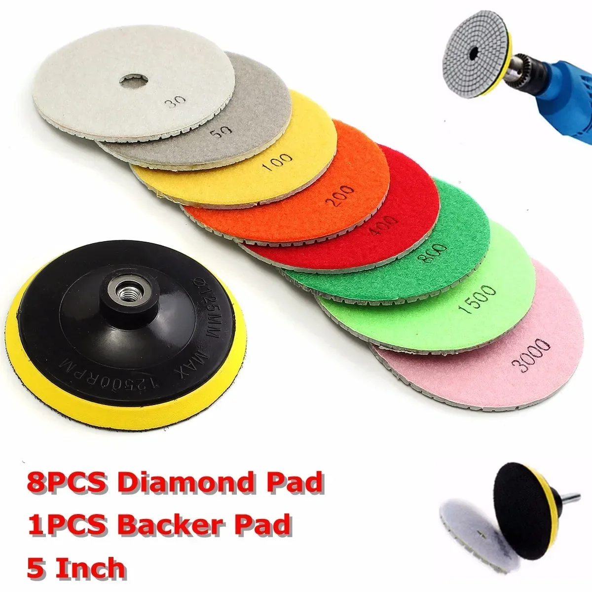 

9pcs/set 5 Inch Diamond Polishing Pad Set Wet Dry Backer Pad for Granite Concrete Marble Stone Tiles Diamond Polishing Pad