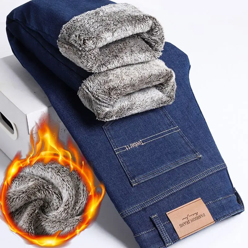 Brand Clothing Winter Fleece Thermal Classics Vintage Men's Jeans Thicken Stretch Denim Pants Work Flocking Trousers Streetwear