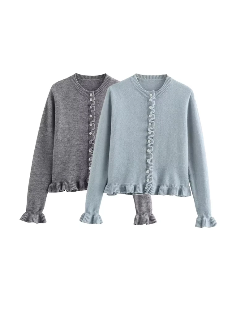 

GELITAYIN TRZA-Women's Ruffled Knit Cardigan Sweater, O Neck, Long Sleeve, Female Outerwear, Chic Tops, Fashion