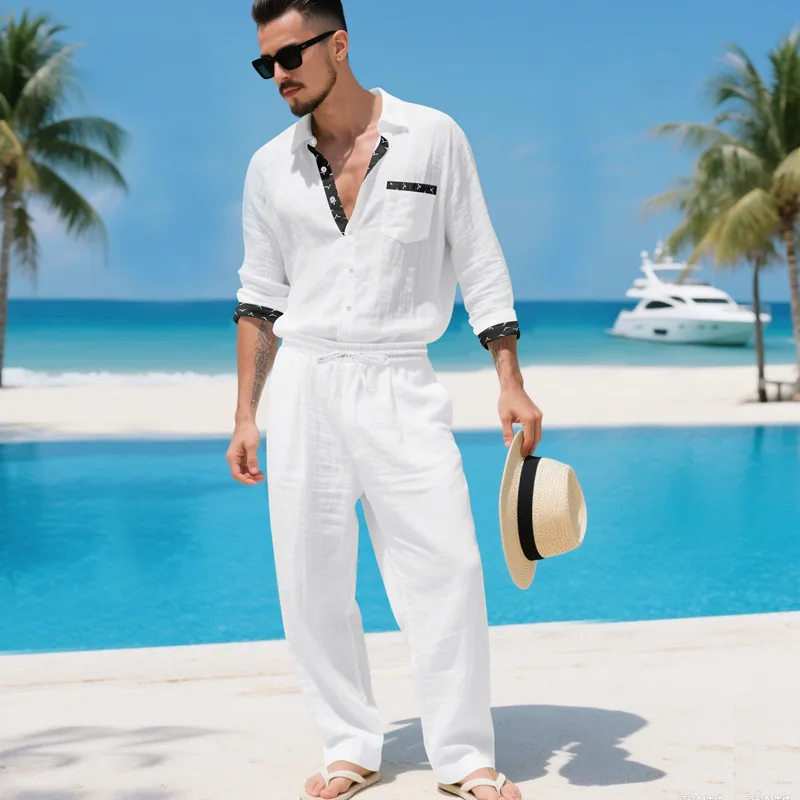 Traje de Lino para Hombre, Estilo Casual, Camisa de Manga Larga, Pantalones, Conjunto de Dos Piezas