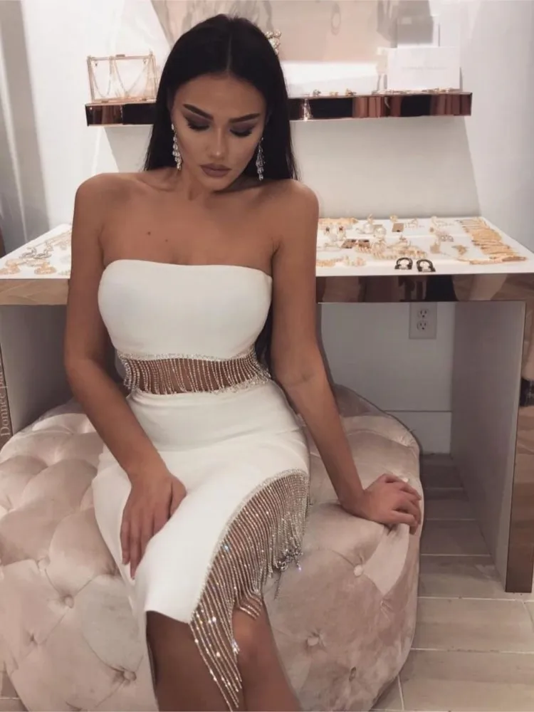 

Hot Selling White Split Bandage Diamond Chain Two-piece Set Of Sexy Strapless Nightclub Party Dress