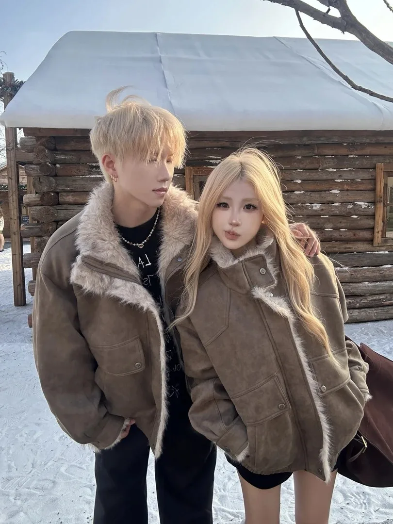 

Caramel Dyed Faux Fur Collar Thiened Cotton Jaet Men Women Winter High Quali Warmth Padded Coat Couple Outwear
