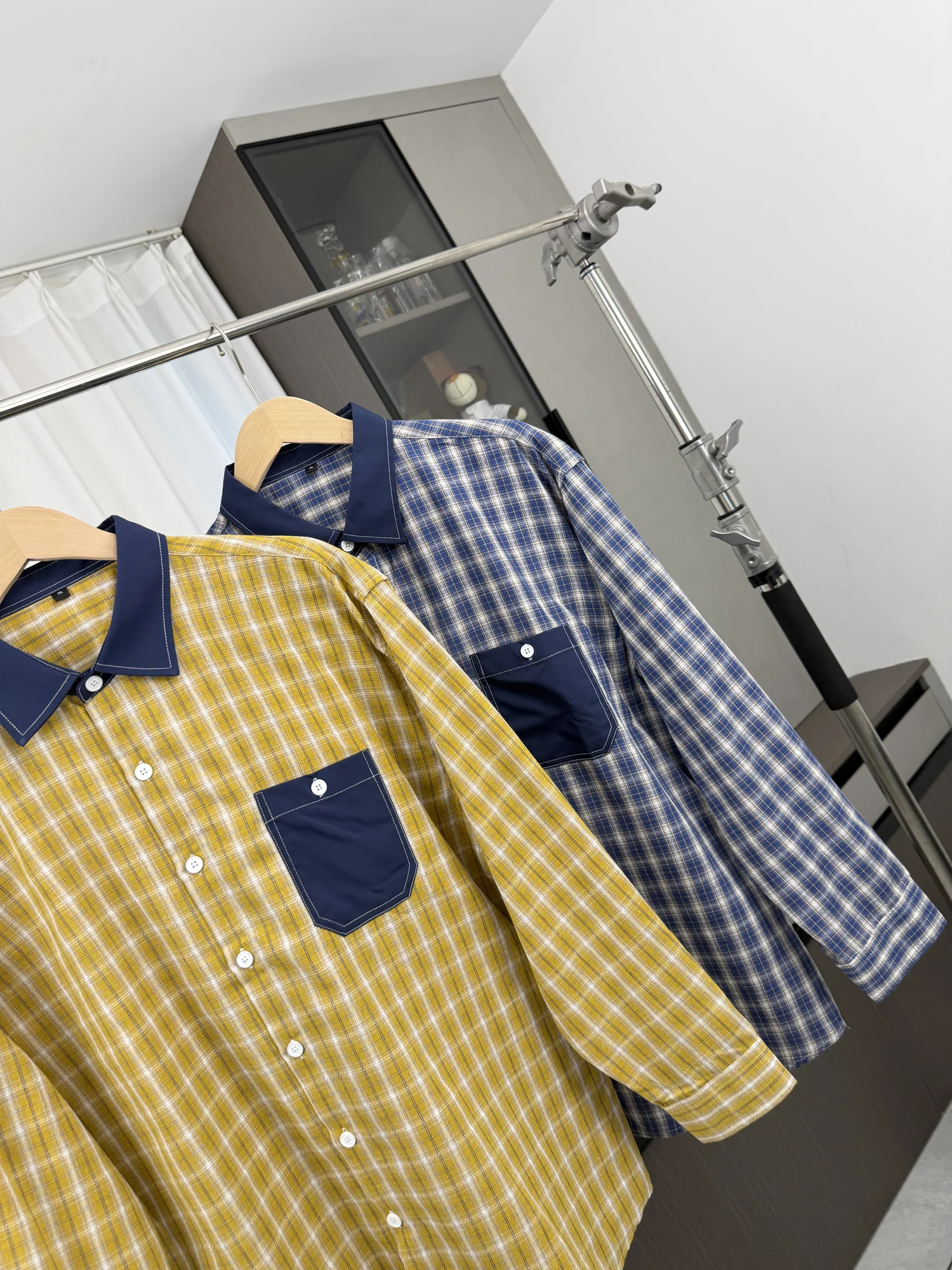  Plaid Long Sleeve Casual Shirt Coat for Men Color Block Collar Pocket Design American Style Autumn Outerwear