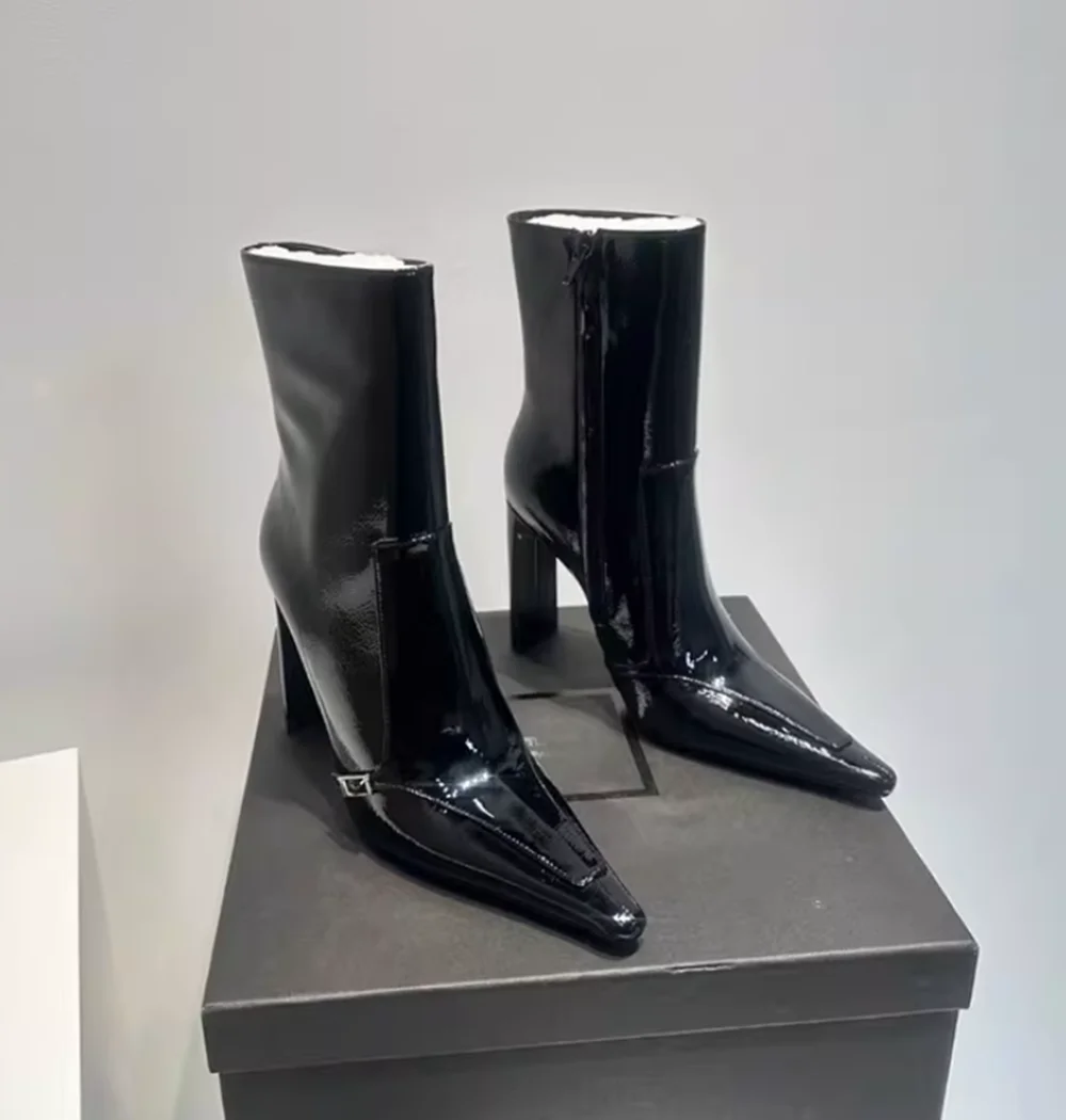 

Fashion Cool Black Patent Leather Mid-Calf Boots Pointed Toe Sculpted Block Heel Mini Buckle Accent Women's Ankle Boots