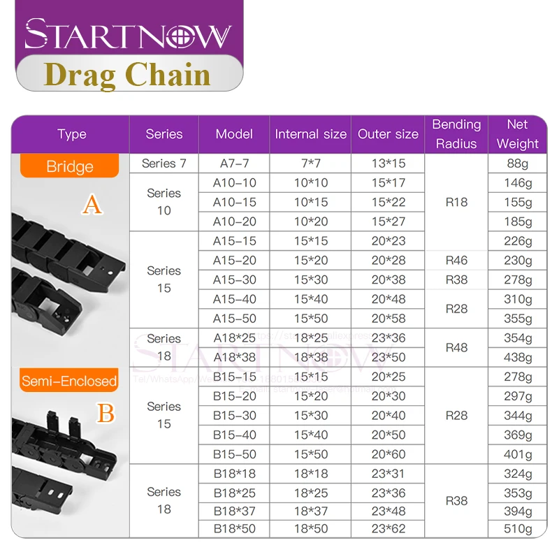 Startnow Semi-Enclosed Plastic Cable Drag Chain Wire Carrier With End Connectors Towline CNC Router Milling Machine Tool Parts
