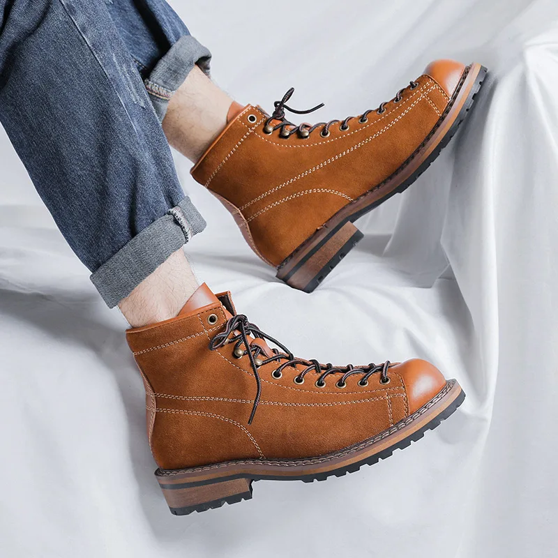 Hiking Shoes Men's Walking Boots British Thick Soled Cowhide High Top Motorcycle Boots Ankle Sneakers Casual Trekking Shoe 38-44 view 4