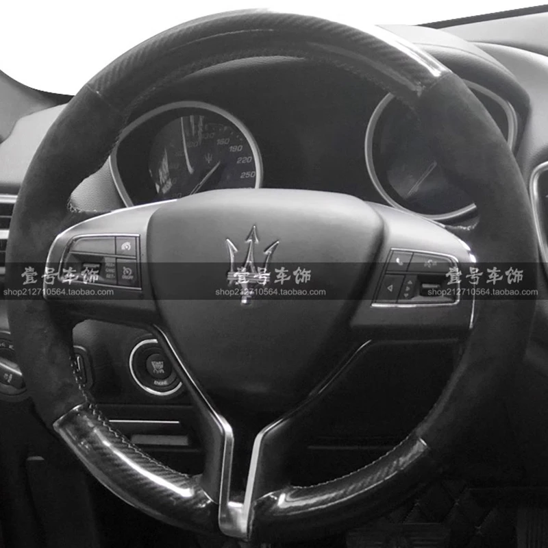 

100% подходит для Maserati Ghibli Levante Quattroporte, прошитый вручную черный замшевый нескользящий чехол на руль автомобиля из углеродного волокна