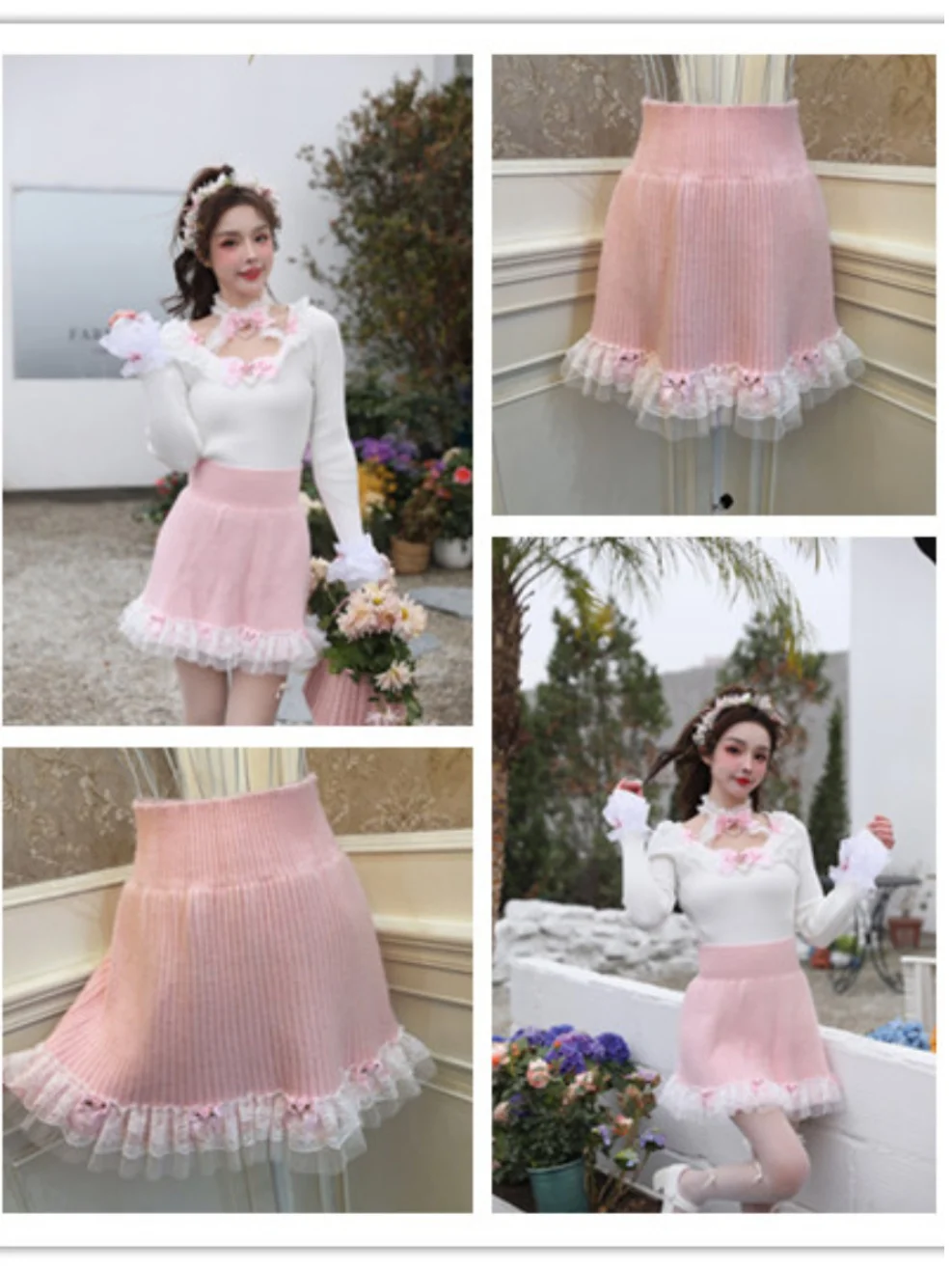 Dophee Original Sweet Girl Rose Blossom Bow Cake Lace Ear Edge Versatile Bottom Plush Knitted Short Skirt High Waist Mini Skirt