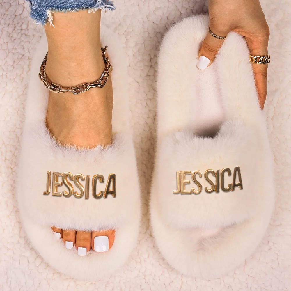Women\'s Slippers Fluffy Flip Flops Furry Slides Letter Decor Flat Faux Fur Sandals Customized Personalized Gift Custom Name