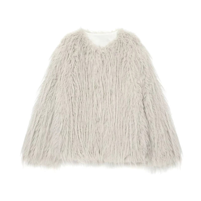 

Зимняя новинка: женская укороченная куртка с длинными рукавами, круглым вырезом, скрытыми пуговицами и эффектом искусственного меха.