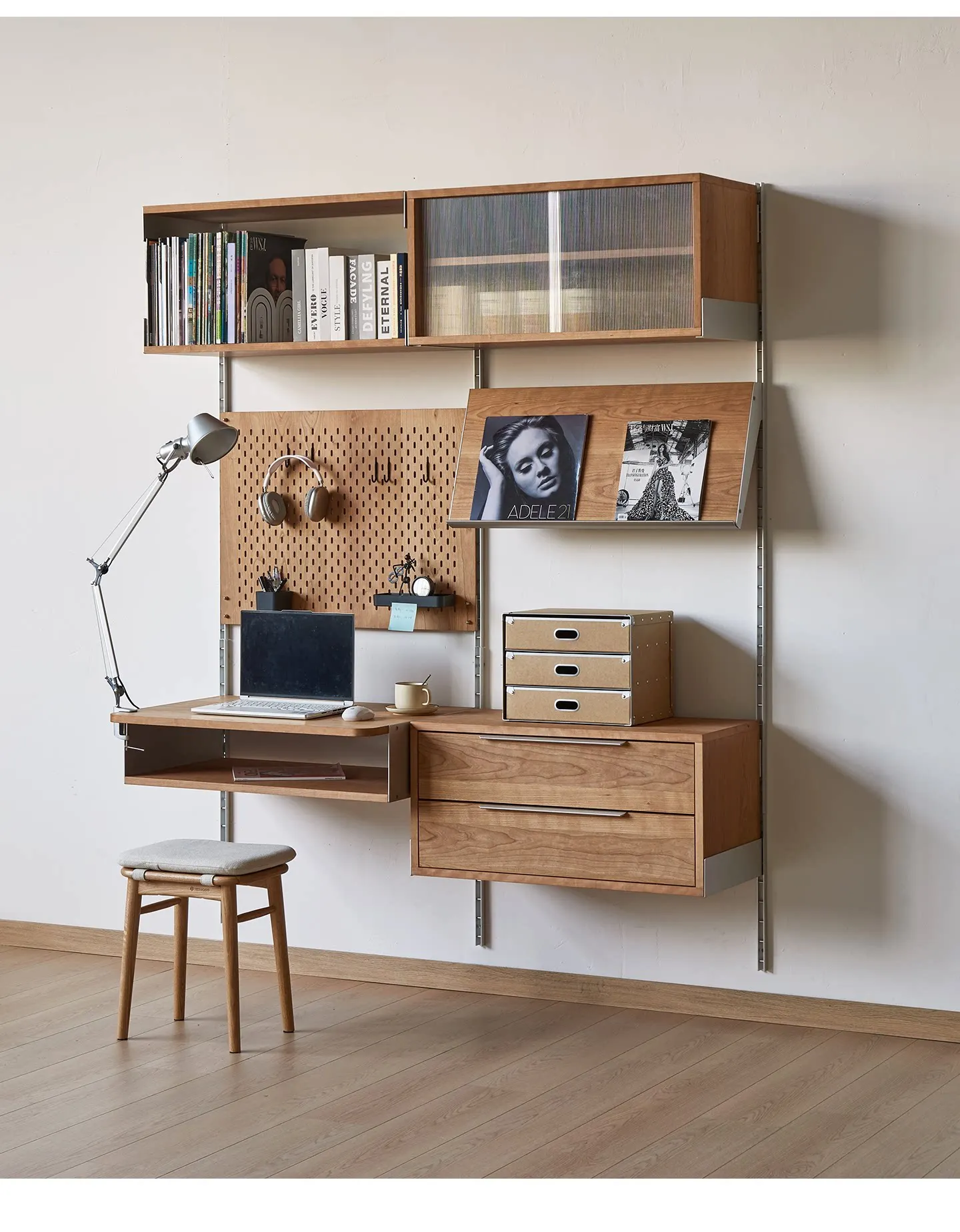 LMM wall-mounted aluminum alloy solid wood bookshelf, bookshelf, one-piece wall hole board, study multi-layer storage rack