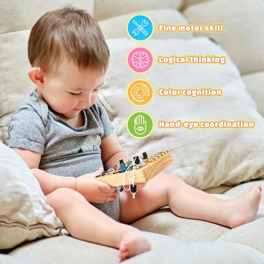 Joyreal Montori – planche occupée, jouets sensoriels en bois pour tout-petits, avec interrupteur lumineux LED, planche Fidget pour bébé, jouets de voyage pour 18 ans et plus mois