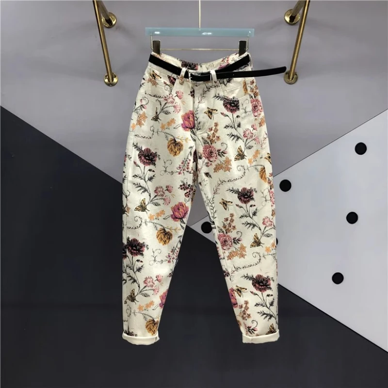 

Summer High Waist Flower Dyed Jeans Women 2024 New Spring White Printed Loose Slimming Curled Retro Street Harlan Pants Tide