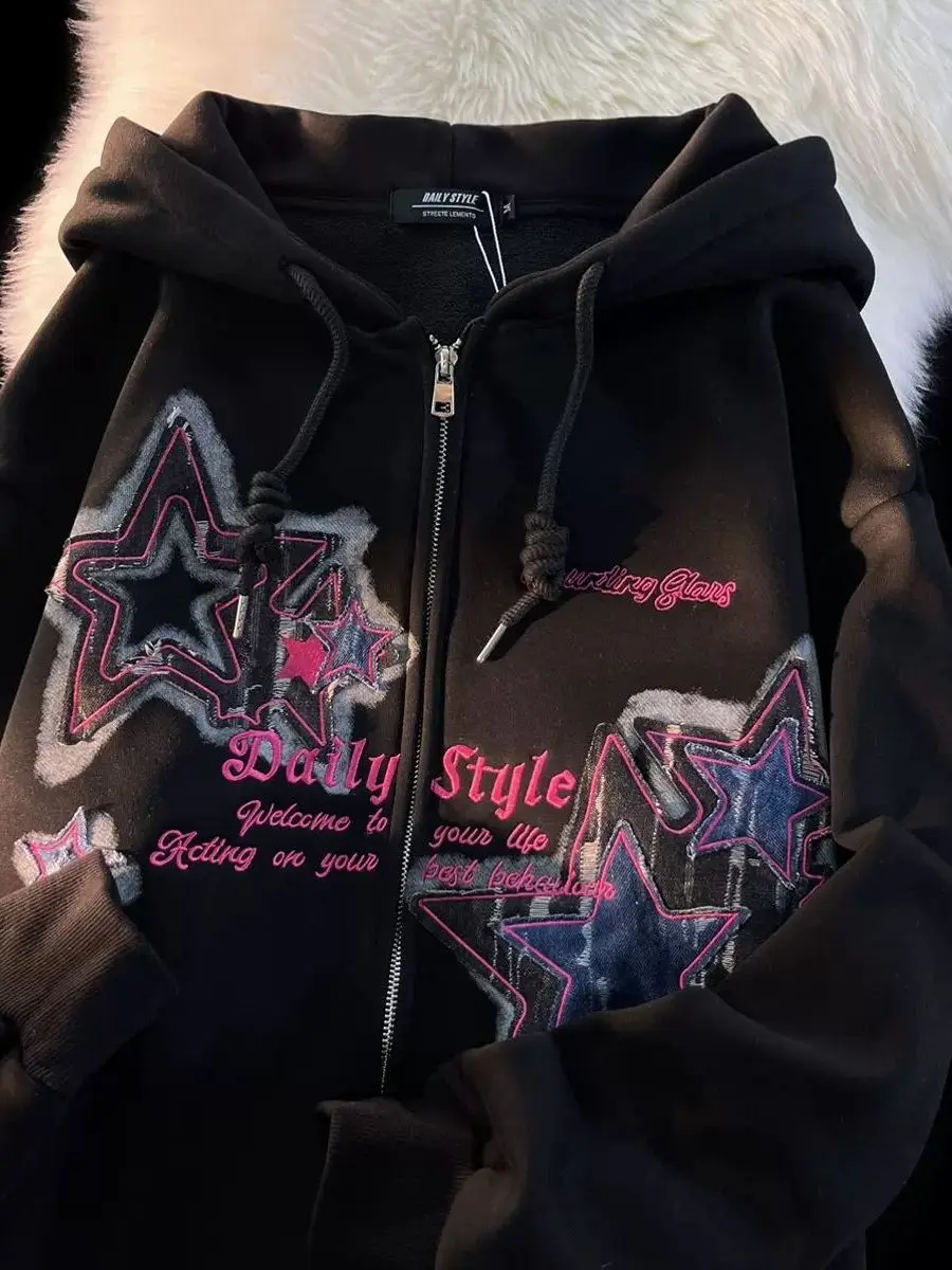 

plus Size Hoodie Sweatirt ex Autumn Winter Thiened Fce Printed Casual Outerwear American Sle Star Print Youth