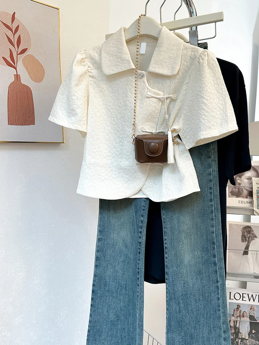 

New Chinese Style Short Sleeve Shirt Women Summer Bubble Sleeve Shortened Version Small Size Turn Collar Top Buttoned French ...