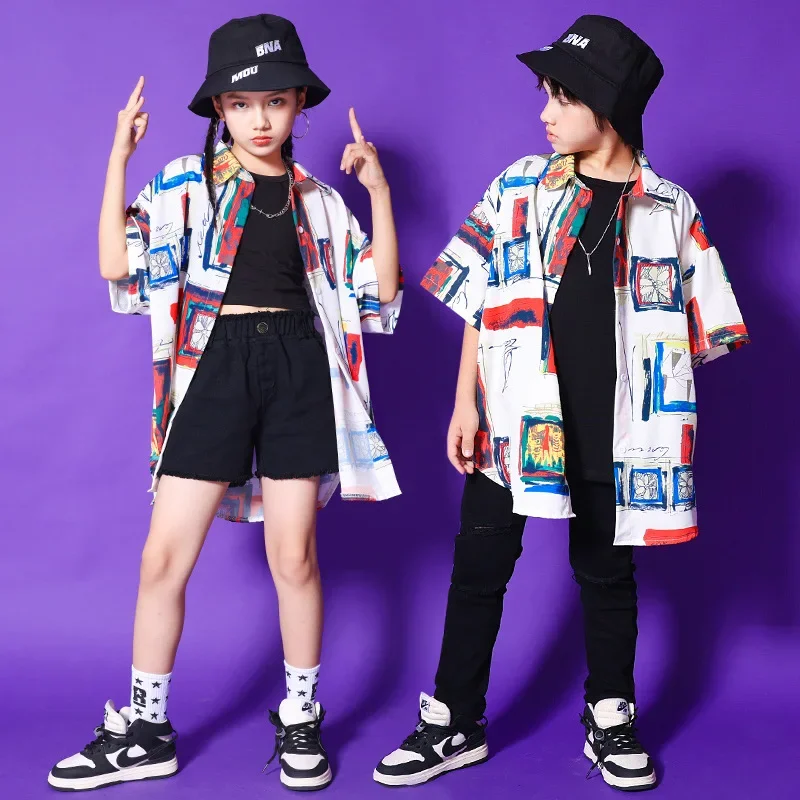 Print Oversized Shirt Streetwear Skinny Ripped Jeans Pants Shorts Kid Hip Hop Clothing Jazz Dance Costume Clothes