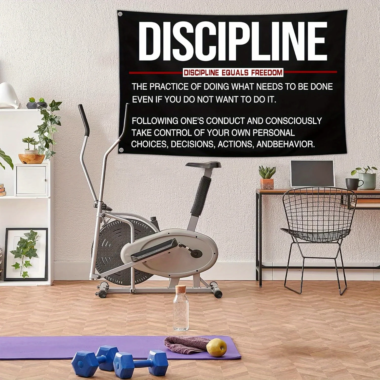 Self Discipline Motivational Flag, Black Chinese Character Wall Hanging Banner, Gym Garage Home College Dorm Decor