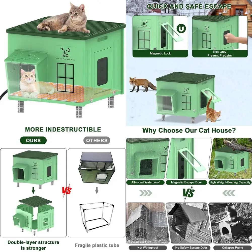 

Weatherproof Heated Outdoor Cat Shelter with Escape Doors and Heating Pads, 17.7x17x17.5 Green for Feral and Stray Cats