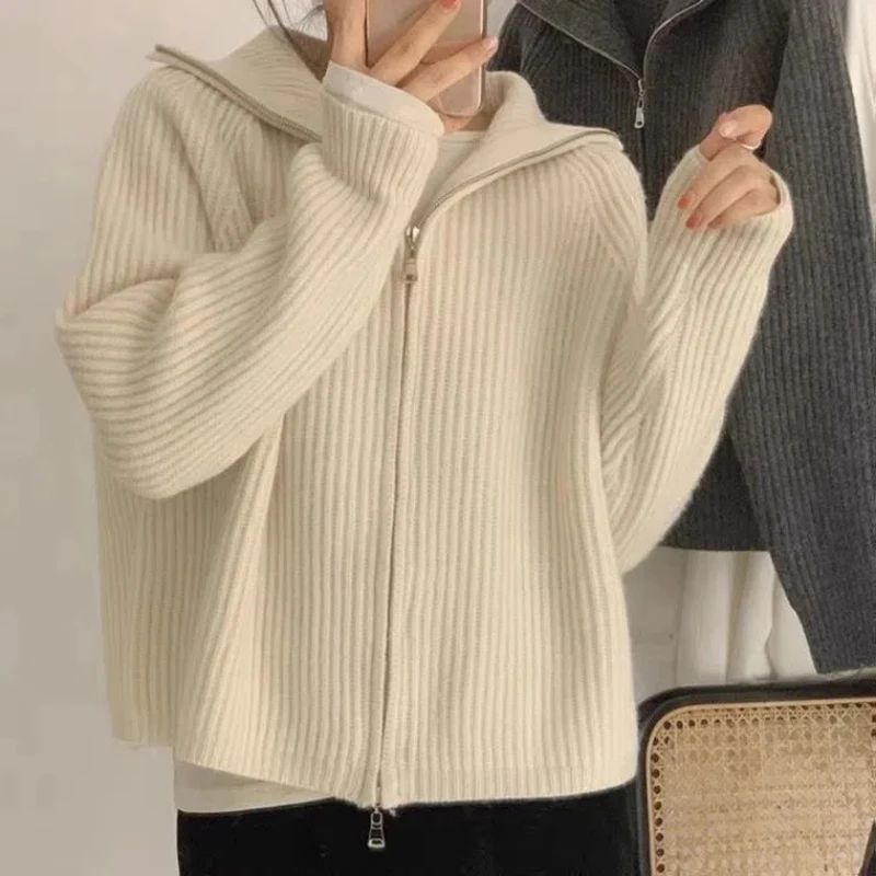 Spring Autumn Solid Color Turn-down Collar Long Sleeve Fashion Sweater Women High Street Zipper Cardigan Elegant All-match Tops