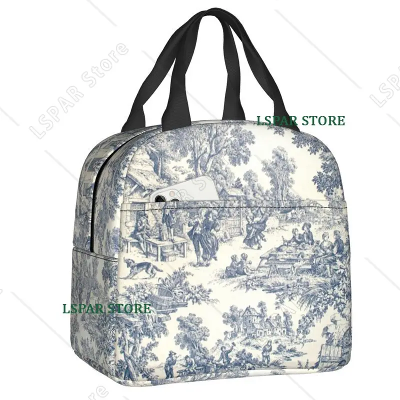 Toile De Jouy Number 2 Insulated Lunch Bag for Outdoor Picnic French Blue Motif Waterproof Cooler Thermal Lunch Box