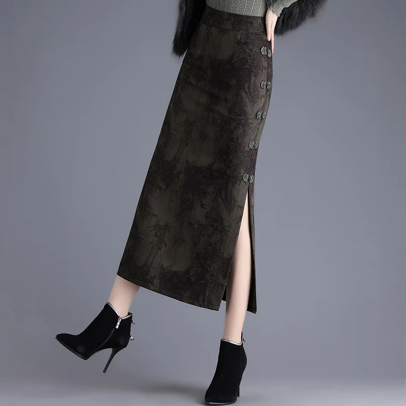 ZUZK Double Slit Qipao Skirt Women's Spring Autumn New Style Retro High Waisted Printed Bag Hip Skirt Mid-length One Step Skirt