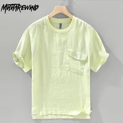 Natural 100% Linen Tshirts Male Summer Beach Men Tees O-neck Short Sleeve T-shirt with Pocket Breathable Men's Clothing Simple